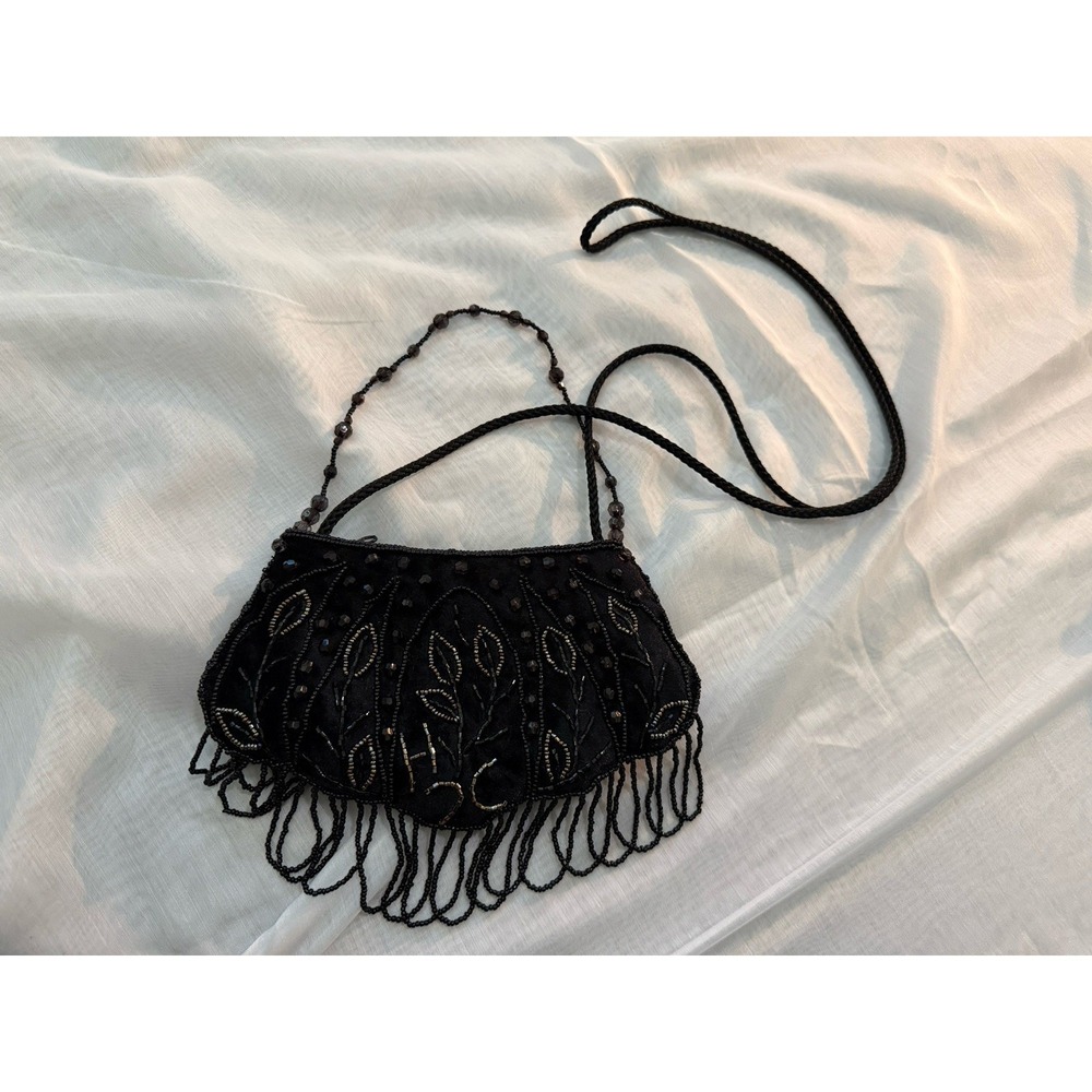 Black and Metallic Beaded Evening Shoulder Bag Or Handheld Elegant Seed Purse